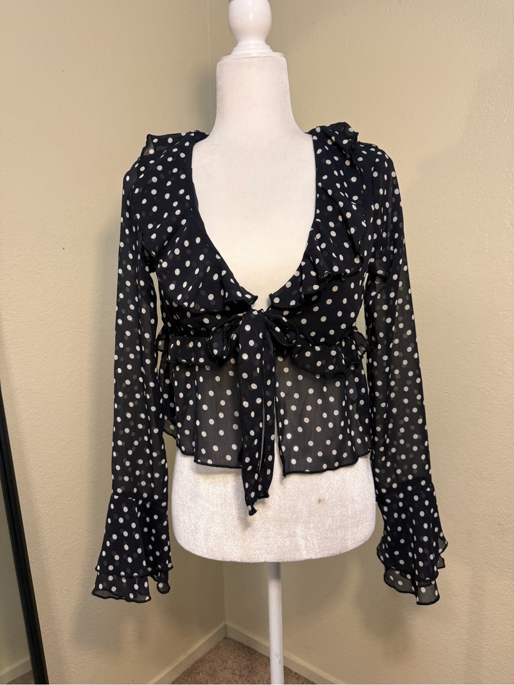 American eagle Polka Dot Tie-Front Sheer Blouse - Black/White